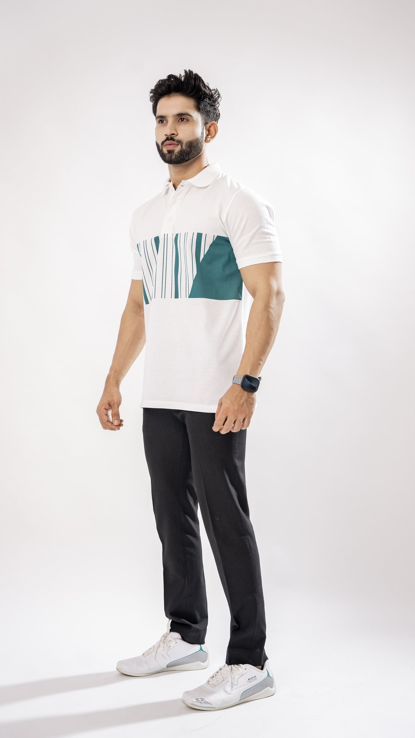 BRIGHT WHITE AND GREEN SUPER SOFT COTTON MERCERISED PIQUE POLO TEE - Royaltail