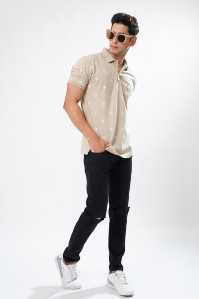 WAFER CREAM PRINTED COTTON MERCERISED PIQUE POLO TEE