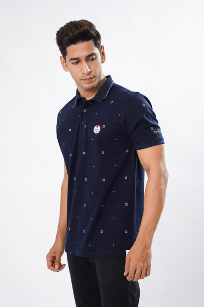 BLUE MULTICOLOUR TEXTURED COTTON PIQUE POLO TSHIRT