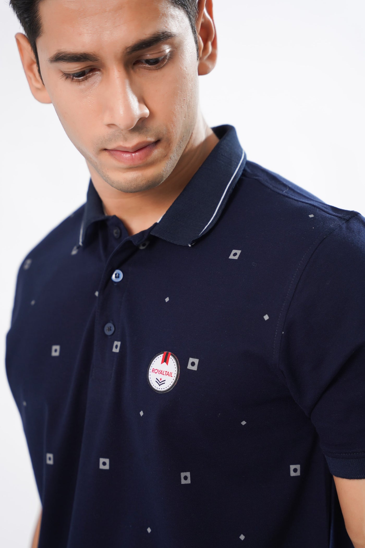 BLUE MULTICOLOUR TEXTURED COTTON PIQUE POLO TSHIRT