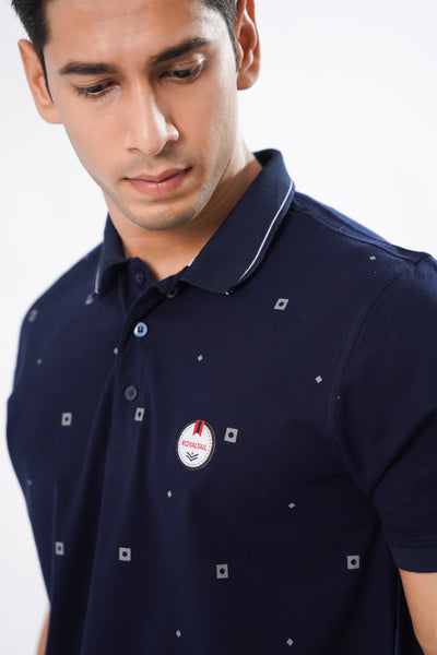 BLUE MULTICOLOUR TEXTURED COTTON PIQUE POLO TSHIRT