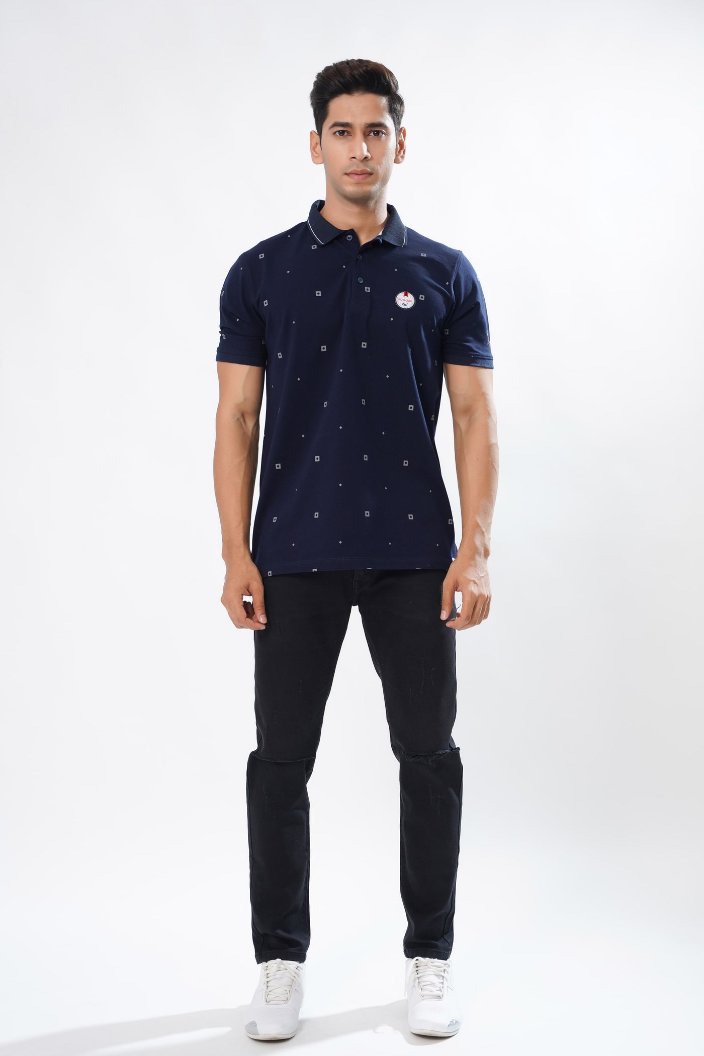 BLUE MULTICOLOUR TEXTURED COTTON PIQUE POLO TSHIRT