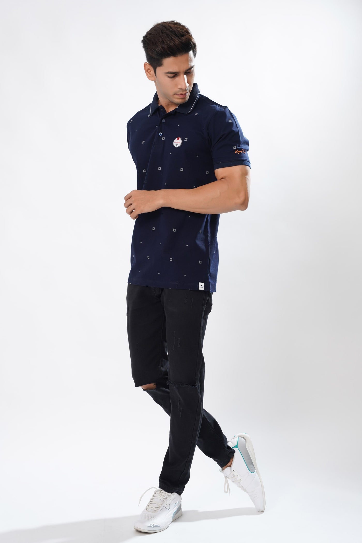BLUE MULTICOLOUR TEXTURED COTTON PIQUE POLO TSHIRT