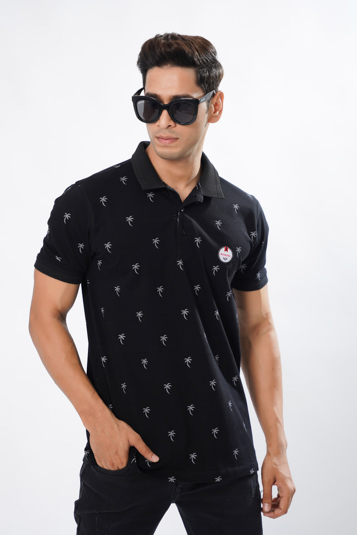 Jade Black And White Textured Cotton Pique Polo T-Shirt