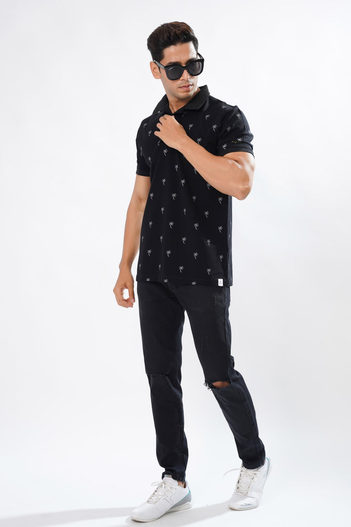 Jade Black And White Textured Cotton Pique Polo T-Shirt