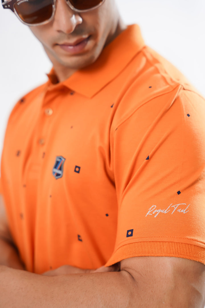 Cinnamon Orange Textured Cotton Pique Polo T-Shirt
