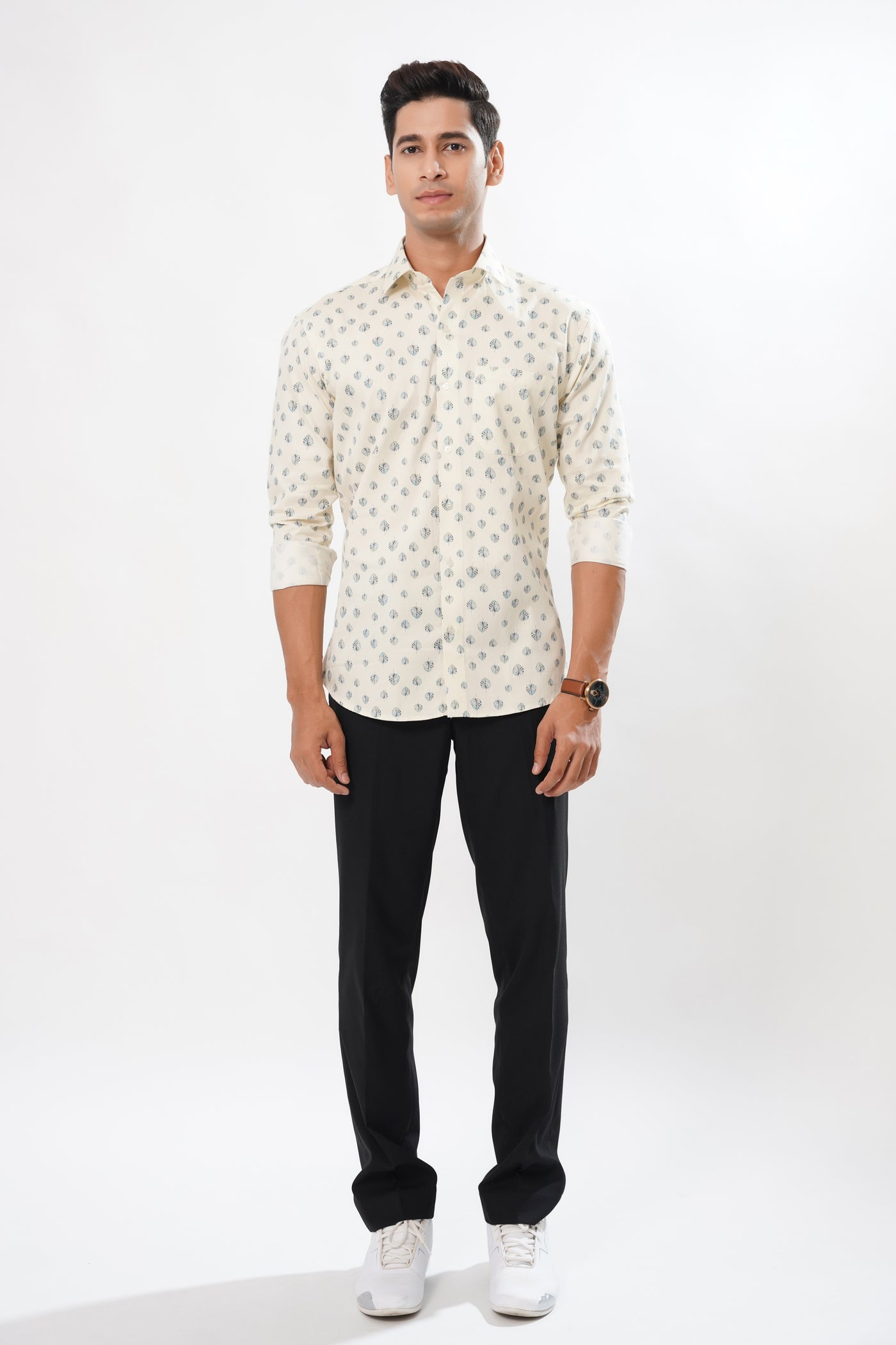 Cream Leaves Printed Premium Cotton Shirt
