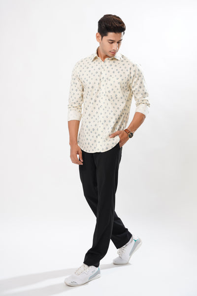 Cream Leaves Printed Premium Cotton Shirt