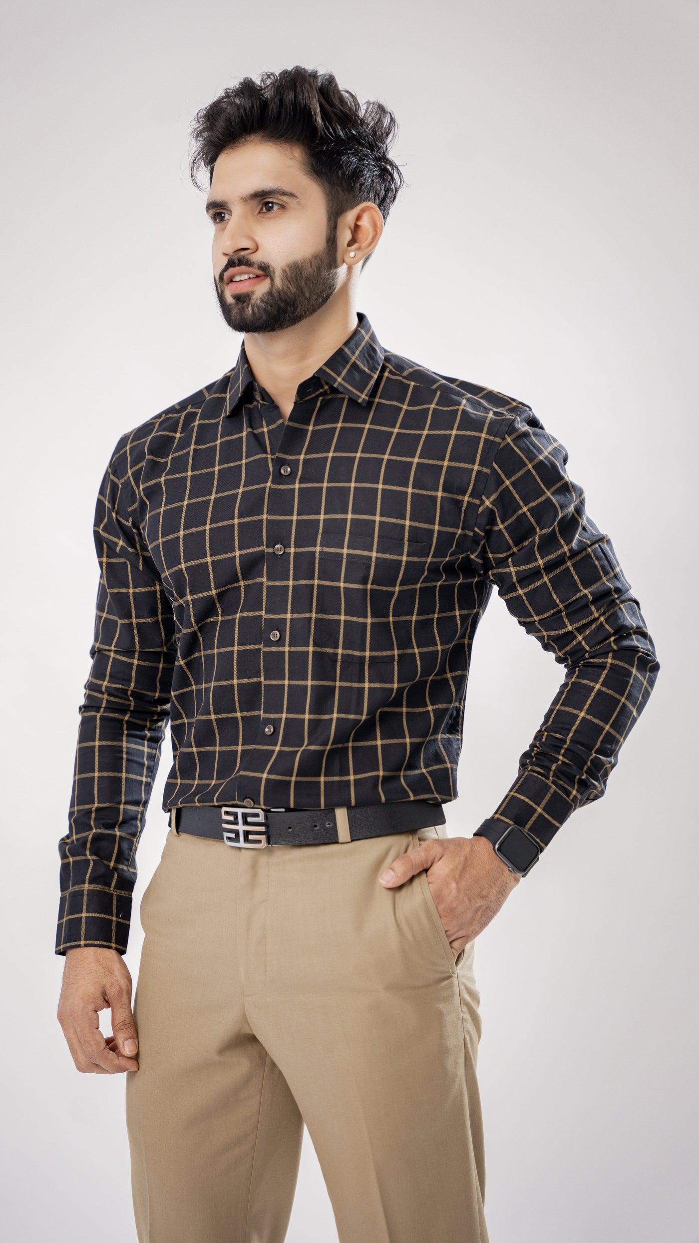 Black with Yellow Premium Checkes Patterned Giza Cotton Shirt