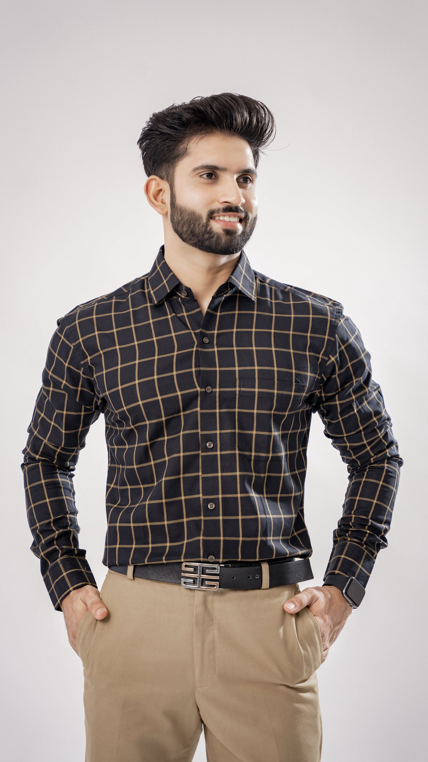 Black with Yellow Premium Checkes Patterned Giza Cotton Shirt
