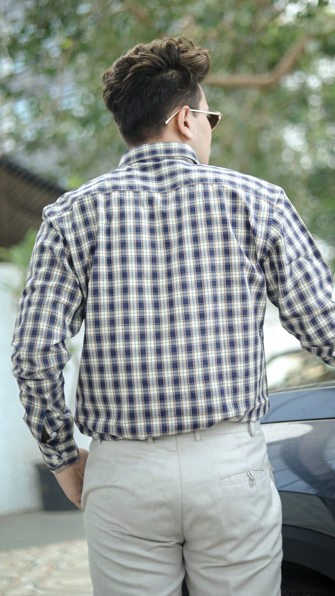 Tea Navy Blue with White Premium Check Patterned Giza Cotton Shirt