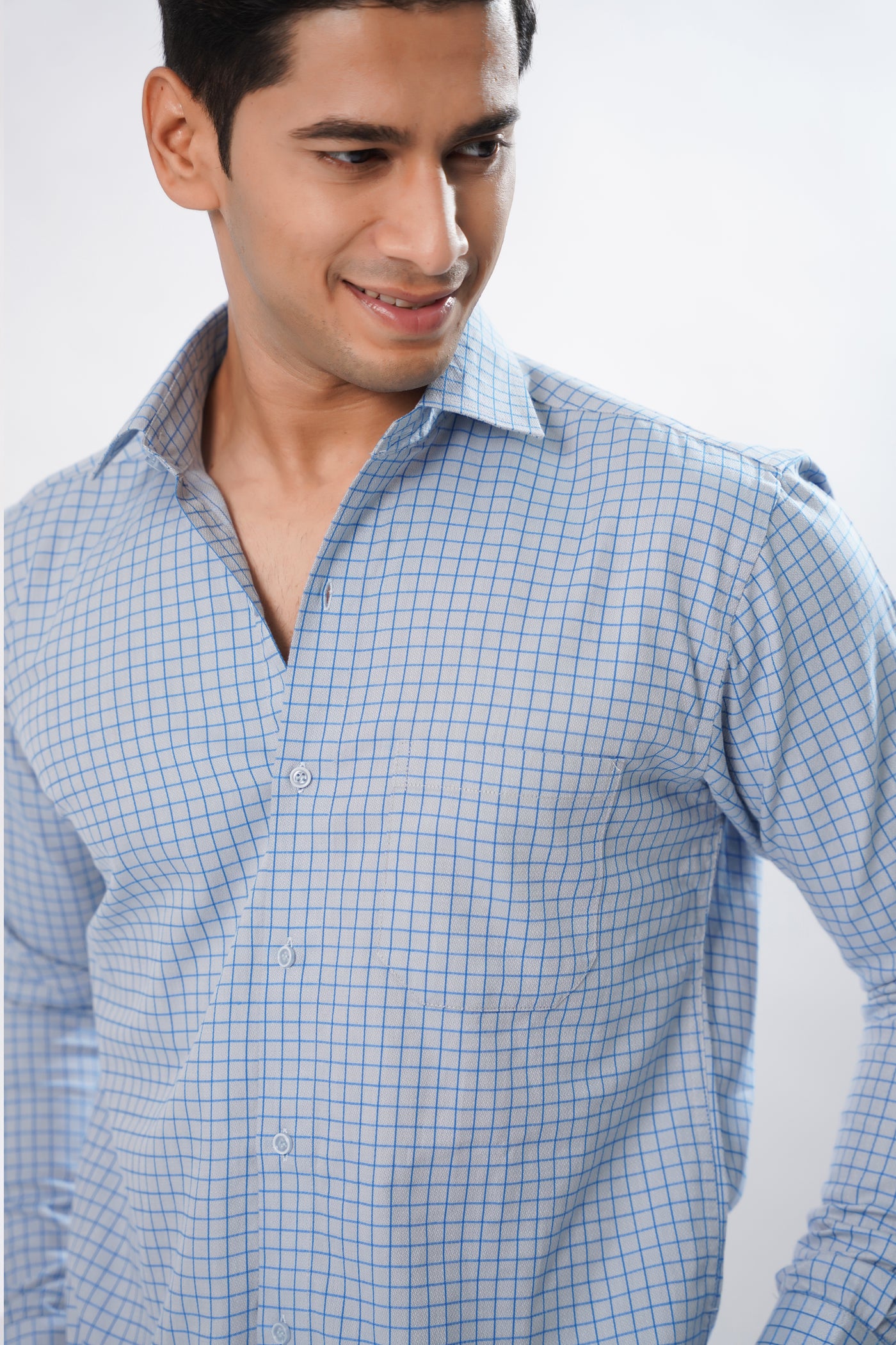 White with Sky Blue Premium Checked Patterned Giza Cotton Shirt