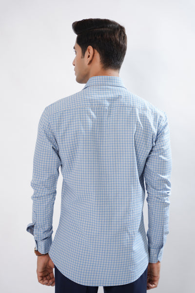 White with Sky Blue Premium Checked Patterned Giza Cotton Shirt