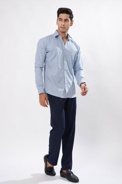 White with Sky Blue Premium Checked Patterned Giza Cotton Shirt