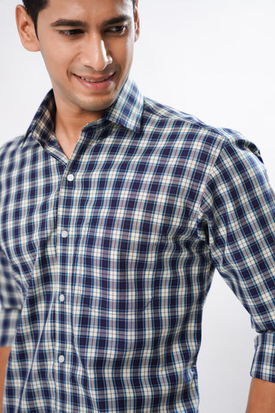 Navy Blue with Cerulean Blue and White Premium Plaid Patterned Giza Cotton Shirt