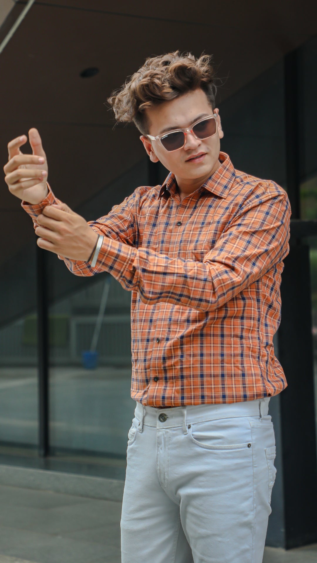 Reddish Orange with Blue Premium Checked Patterned Giza Cotton Shirt