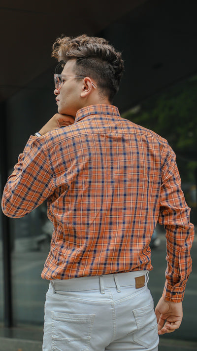Reddish Orange with Blue Premium Checked Patterned Giza Cotton Shirt