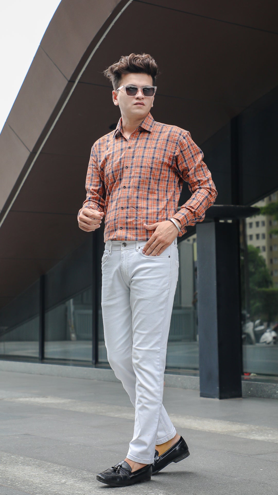 Reddish Orange with Blue Premium Checked Patterned Giza Cotton Shirt
