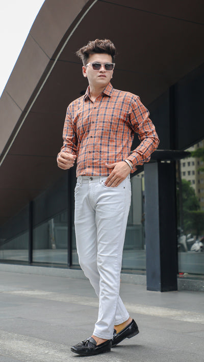 Reddish Orange with Blue Premium Checked Patterned Giza Cotton Shirt
