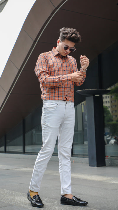 Reddish Orange with Blue Premium Checked Patterned Giza Cotton Shirt
