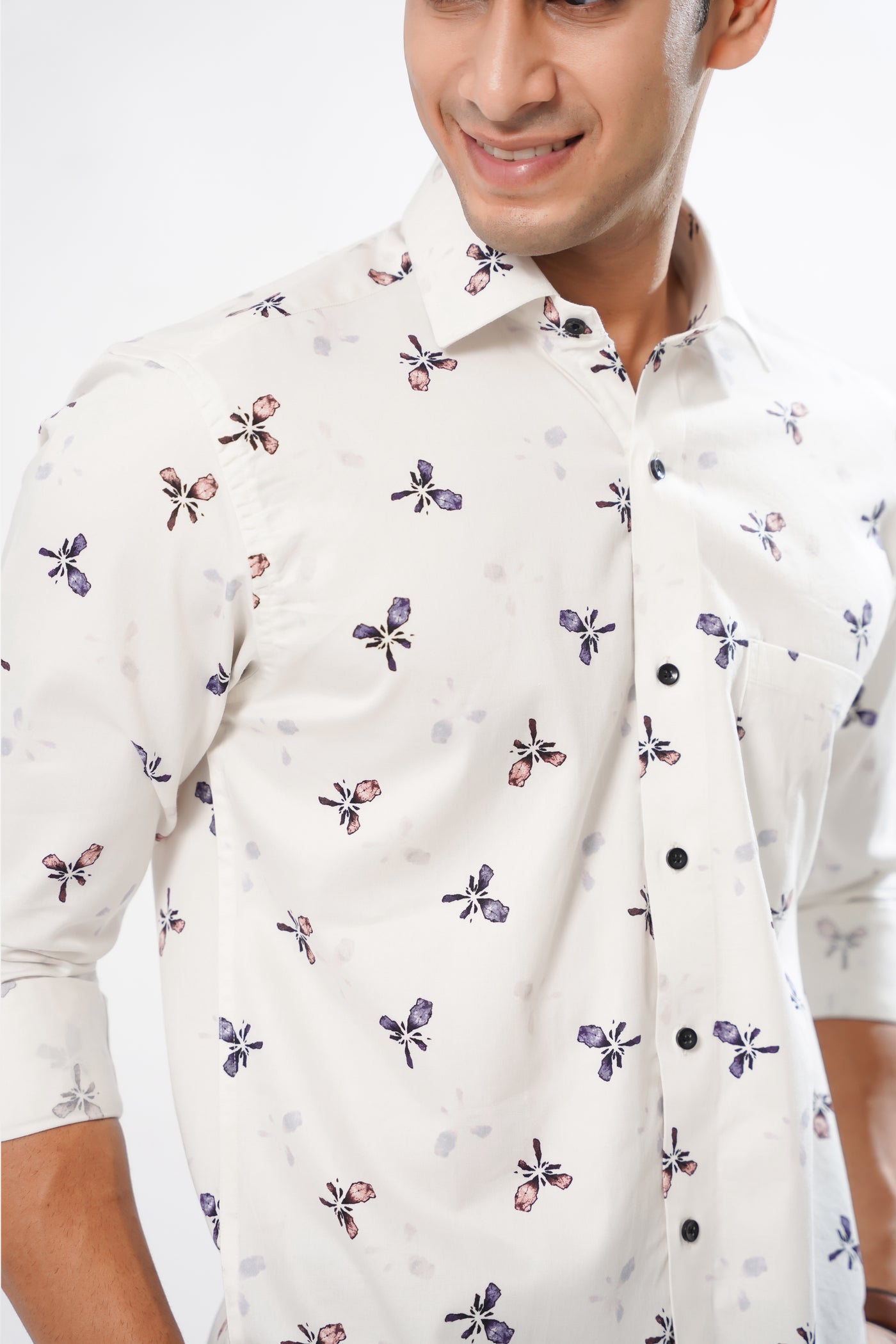 Bright White with Crop Orchid Flowers Printed Super Soft Premium Designed Cotton Shirt