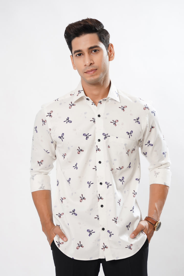 Bright White with Crop Orchid Flowers Printed Super Soft Premium Designed Cotton Shirt