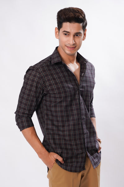 Dark Brown with White Premium Plaid Patterned Giza Cotton Shirt