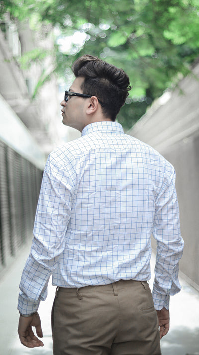 Bright White with Blue Premium Plaid Window Pane Patterned Giza Cotton Shirt