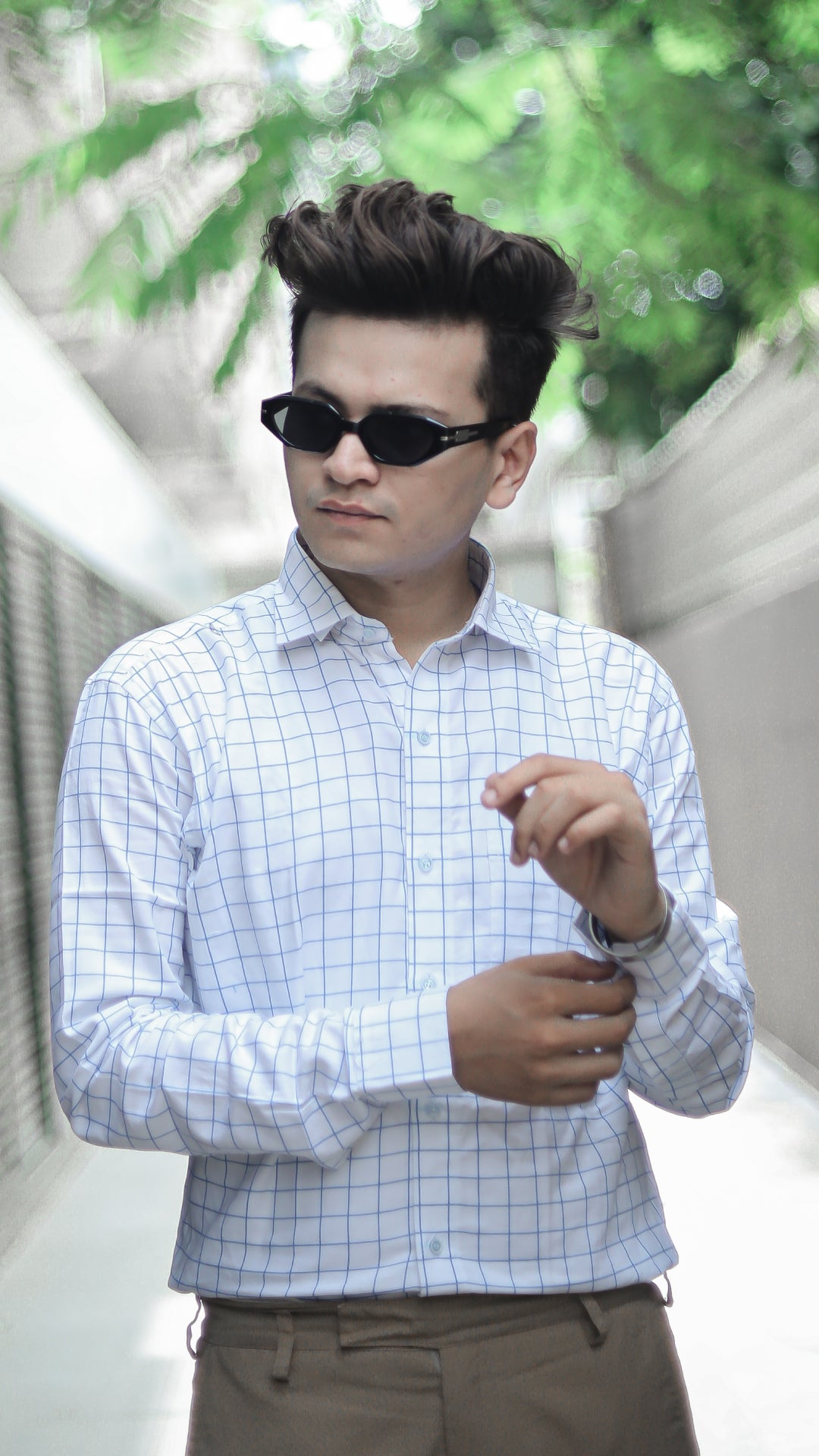 Bright White with Blue Premium Plaid Window Pane Patterned Giza Cotton Shirt