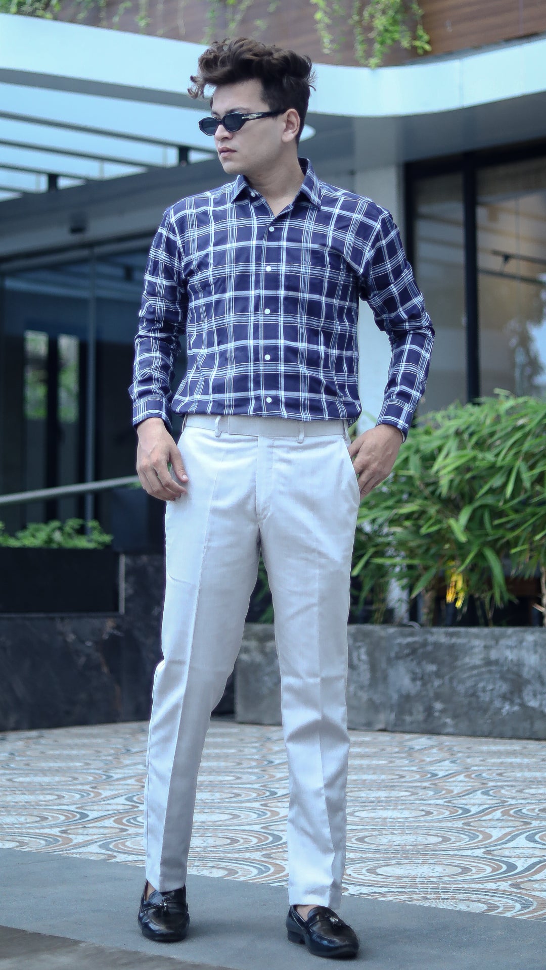Navy Blue with White and Sky Premium Plaid Patterned Giza Cotton Shirt