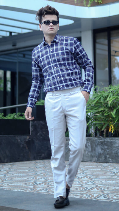 Navy Blue with White and Sky Premium Plaid Patterned Giza Cotton Shirt