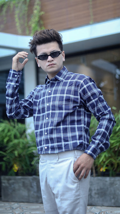 Navy Blue with White and Sky Premium Plaid Patterned Giza Cotton Shirt