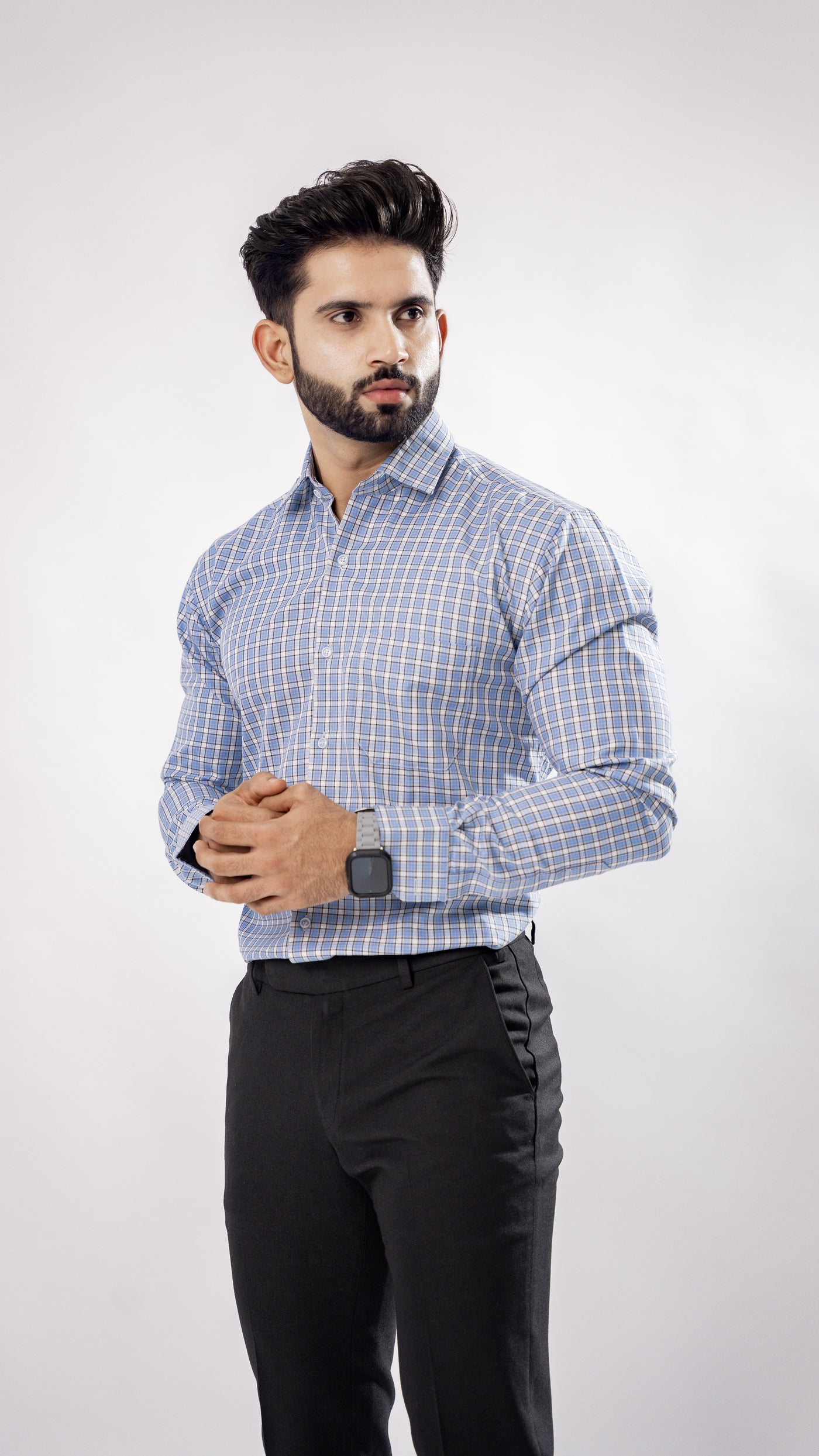 Sky Blue with White Window Pane Premium Check Patterned Giza Cotton Shirt