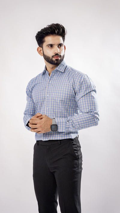 Sky Blue with White Window Pane Premium Check Patterned Giza Cotton Shirt