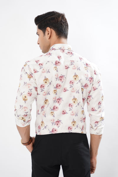 Light White with Flowers and Leaves Printed Super Soft Premium Designed Cotton Shirt