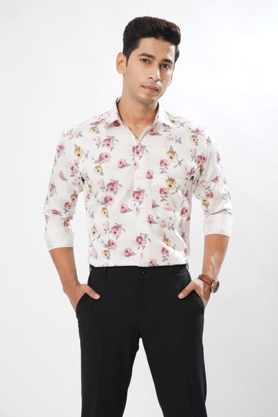 Light White with Flowers and Leaves Printed Super Soft Premium Designed Cotton Shirt