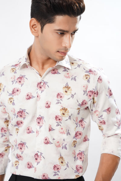 Light White with Flowers and Leaves Printed Super Soft Premium Designed Cotton Shirt