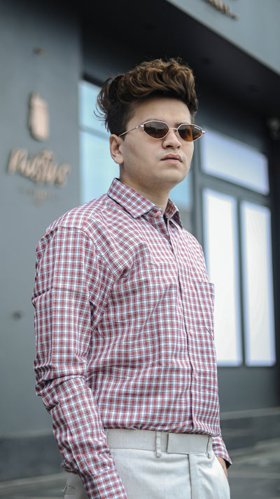 Dusty Red and White Checked Patterned Premium Giza Cotton Shirt