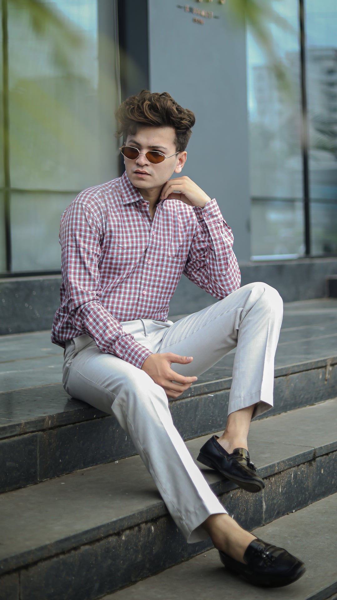Dusty Red and White Checked Patterned Premium Giza Cotton Shirt