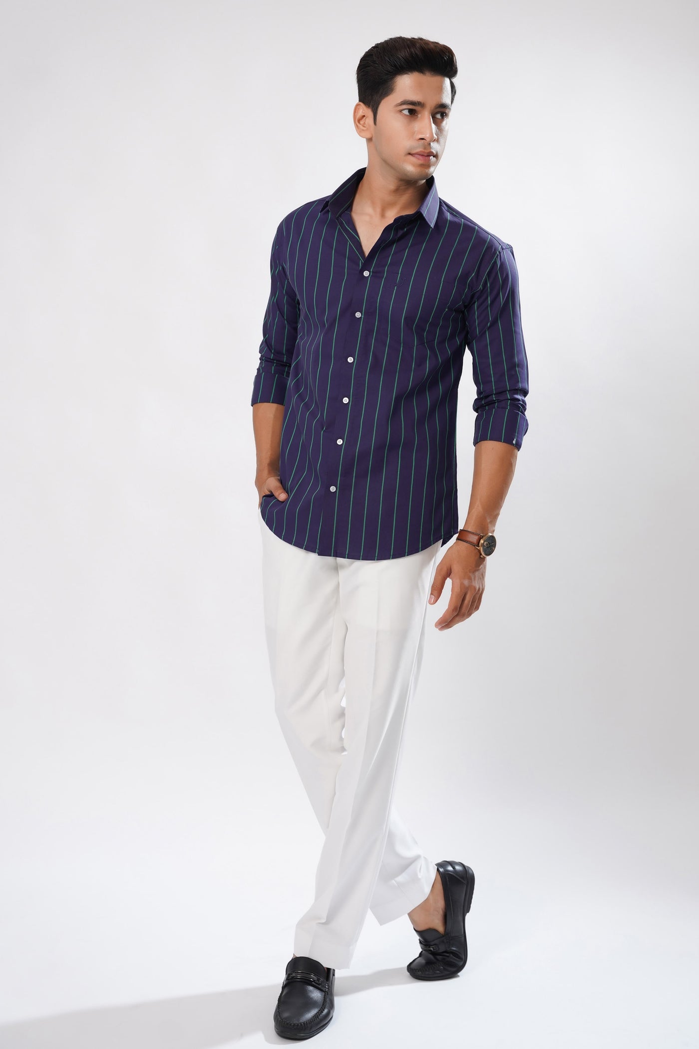 Copperline Navy Blue Striped Cotton Premium Shirt