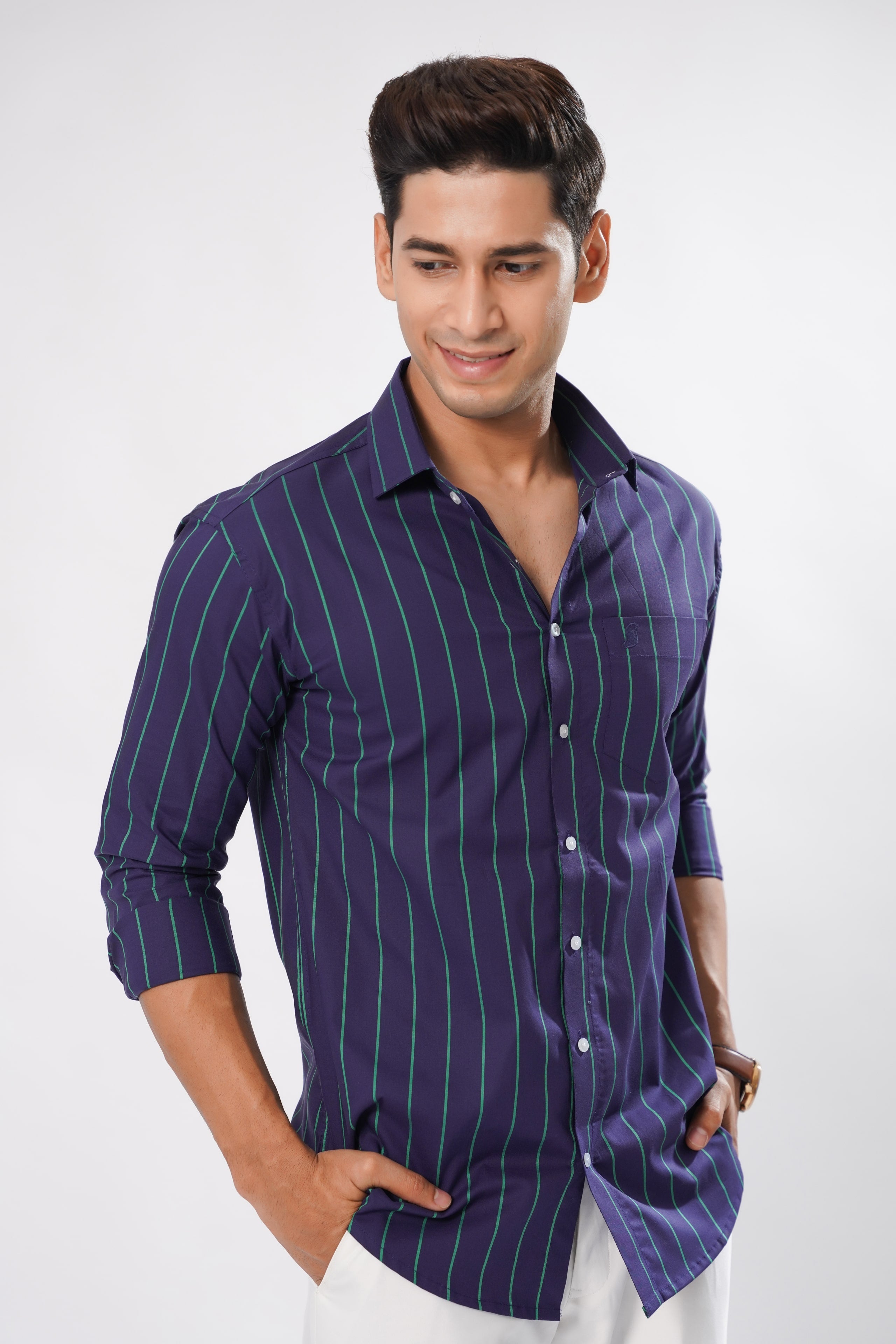 トップス COOTIE / Stripe Broad L/S Shirt - Navy Crocus Blue Casual Stripes Premium Cotton Shirt For Men