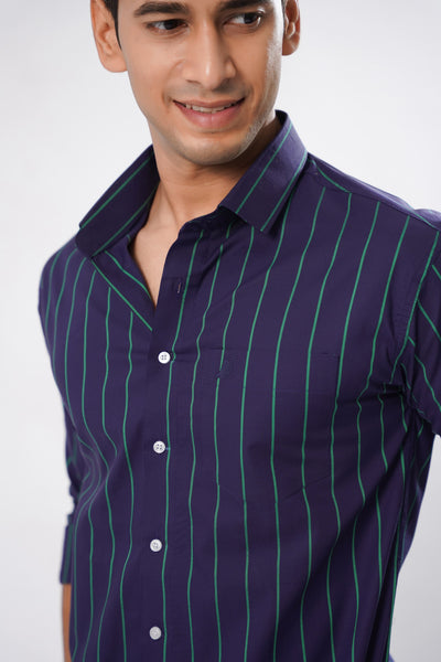 Copperline Navy Blue Striped Cotton Premium Shirt