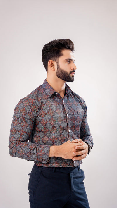 BOYSENBERRY MAROON AND GREY SQURE PRINTED PREMIUM COTTON SHIRT - Royaltail