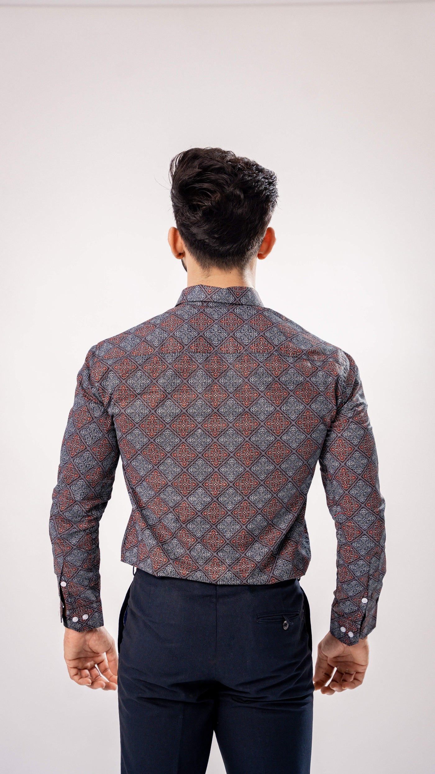 BOYSENBERRY MAROON AND GREY SQURE PRINTED PREMIUM COTTON SHIRT - Royaltail