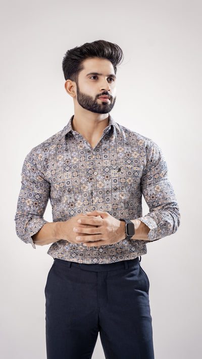 LEONARDO GREY SQURE PRINTED PREMIUM COTTON SHIRT - Royaltail