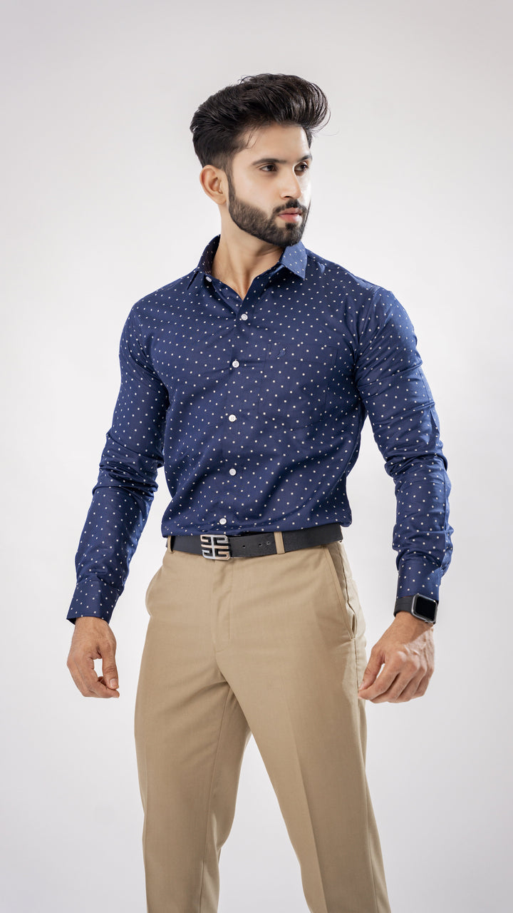 NAVY PRINTED PREMIUM COTTON SHIRT - Royaltail