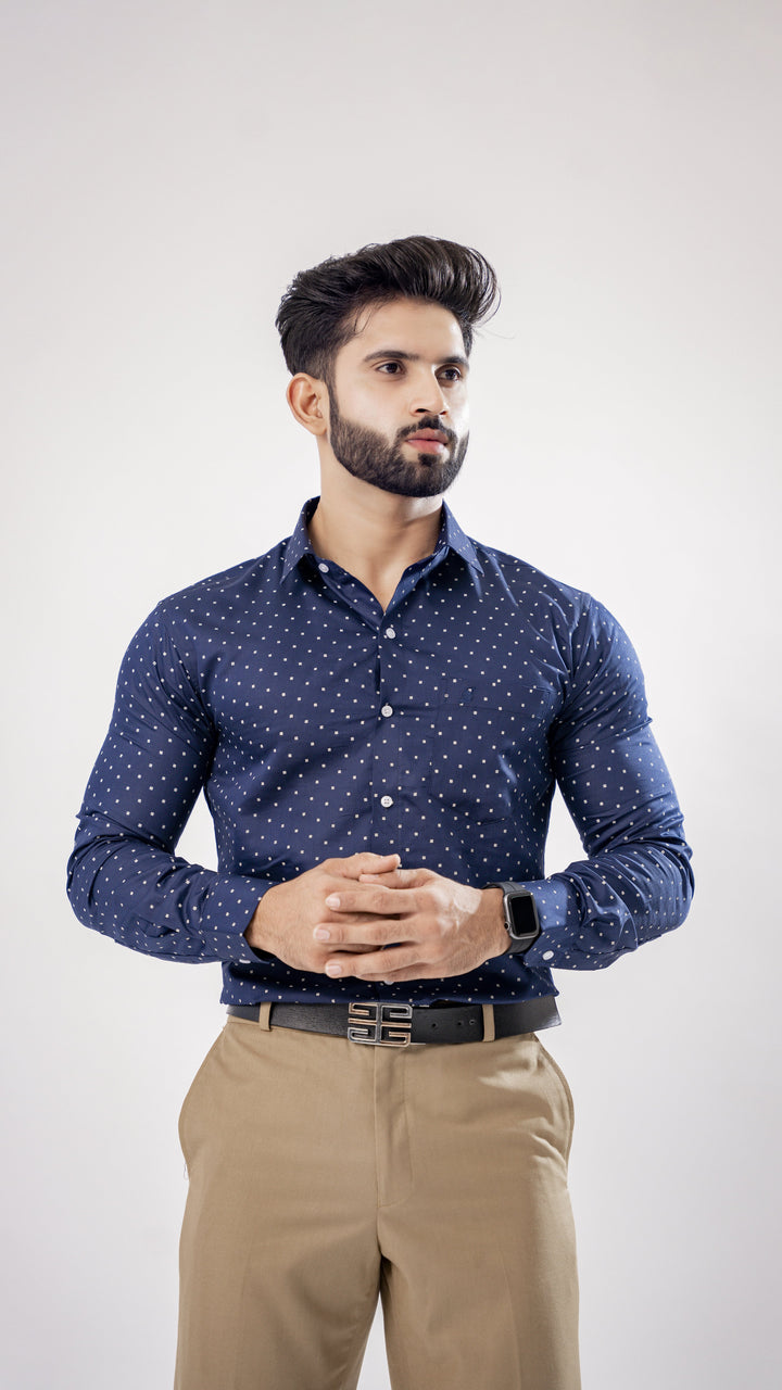 NAVY PRINTED PREMIUM COTTON SHIRT - Royaltail