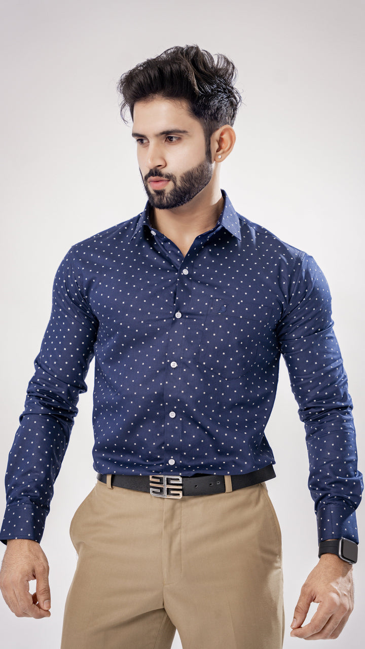 NAVY PRINTED PREMIUM COTTON SHIRT - Royaltail