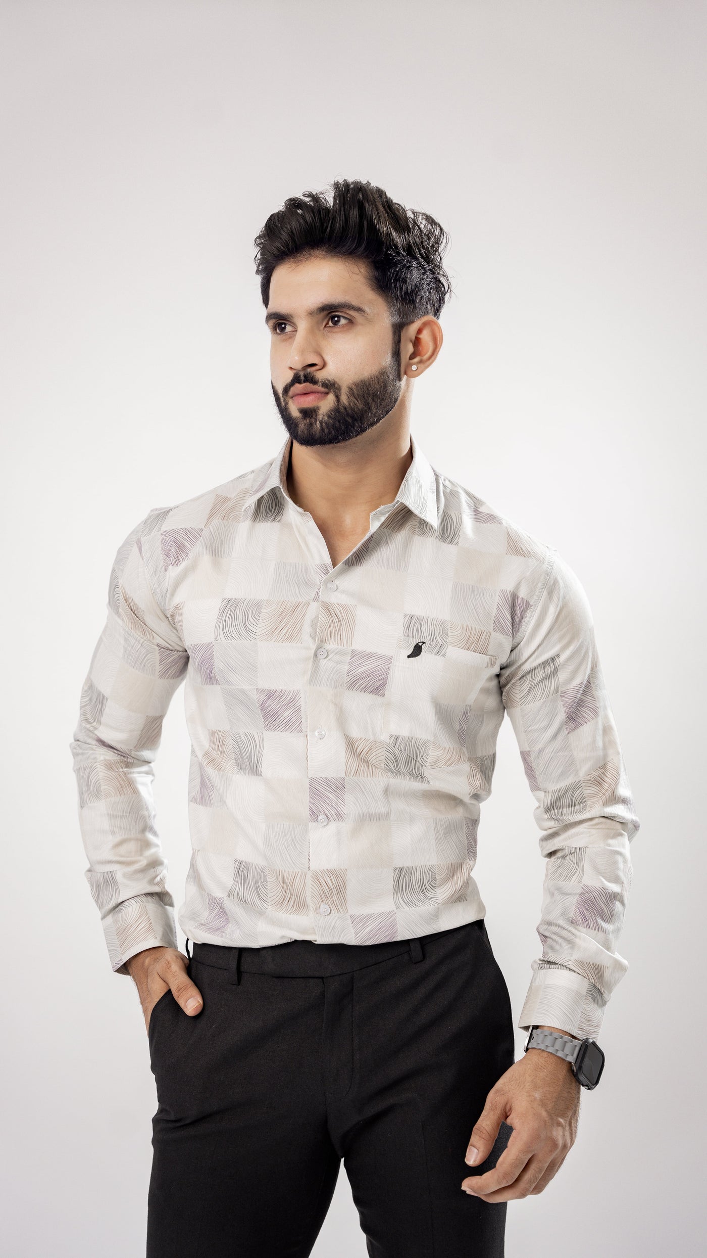 BRIGHT WHITE AND SQURE PRINT SUPER SOFT PREMIUM COTTON SHIRT - Royaltail