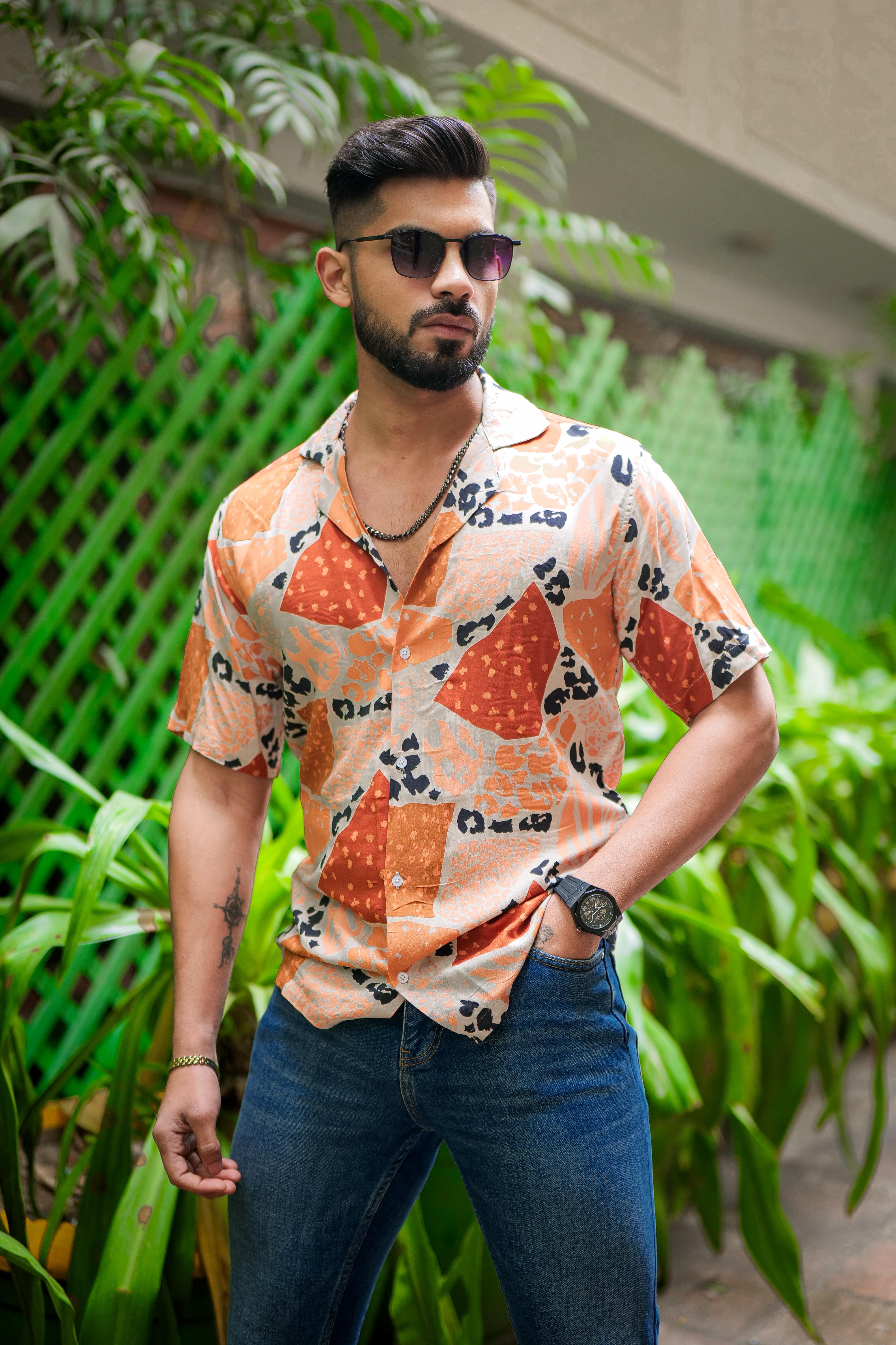 Shop Stylish Brown \u0026 White Print Cuban Collar Half Sleeve Shirt - Royaltail